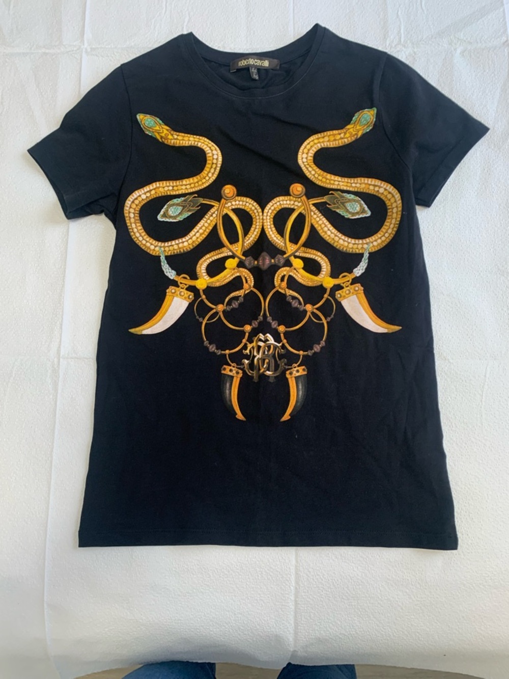 Roberto Cavalli Black Tee with Gold Snake Motif